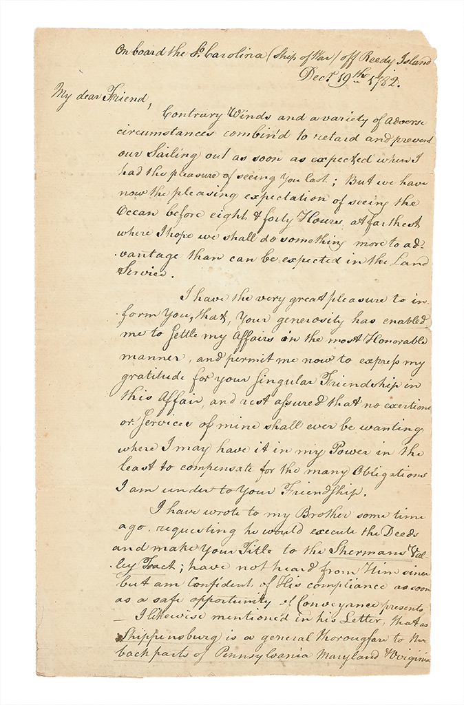 Appraisal: AMERICAN REVOLUTION-- Henderson John Letter written aboard the privateer South