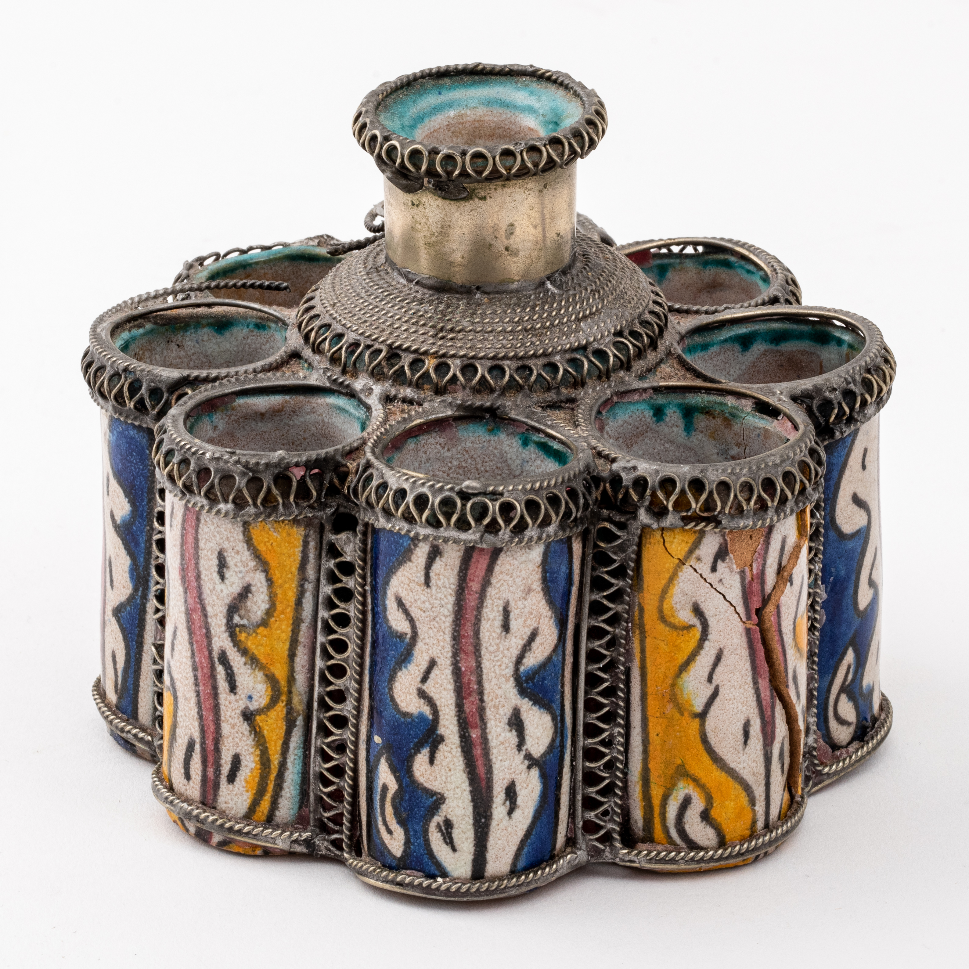 Appraisal: MOROCCAN CERAMIC INKWELL Moroccan polychrome ceramic pottery inkwell unmarked H