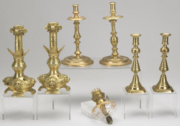 Appraisal: BRASS CANDLESTICKS Grouping of seven th C pair with drip