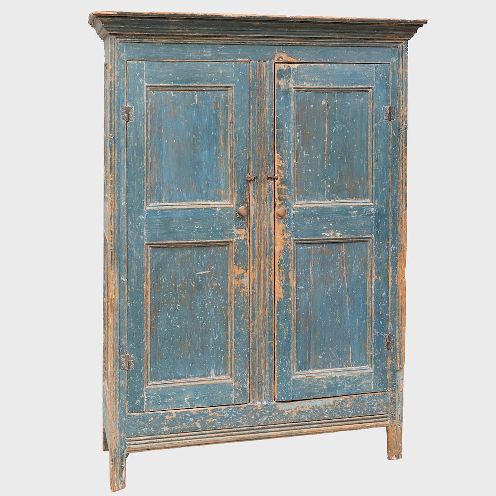 Appraisal: Blue Painted Paneled Two Door Cupboard Probably Scandinavian opening to