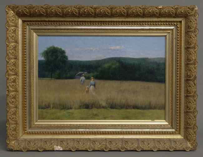 Appraisal: th c painting oil on canvas family in field signed