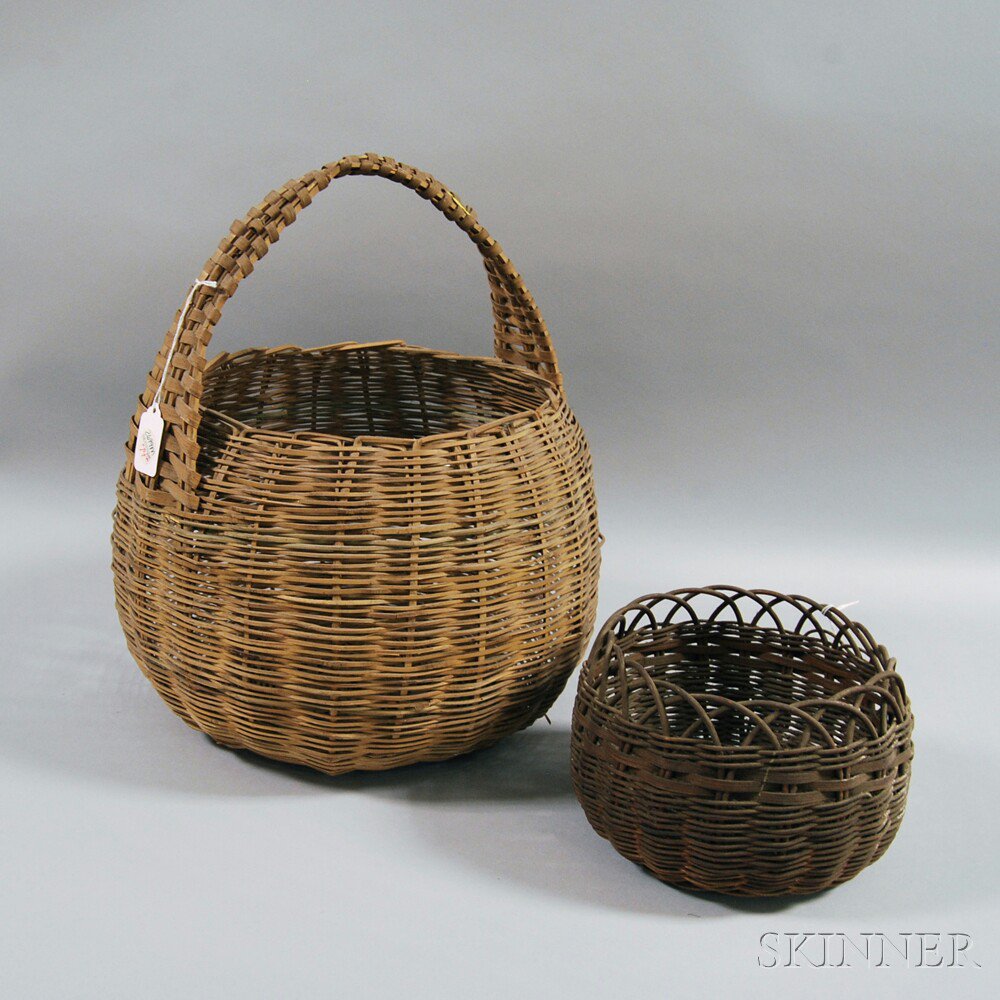 Appraisal: Two Baskets a woven splint spherical basket with upright handle