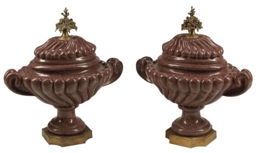 Appraisal: pair Neoclassical style red marble fluted urns with bronze dore