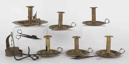 Appraisal: Six brass saucer base candlesticks th c together with a