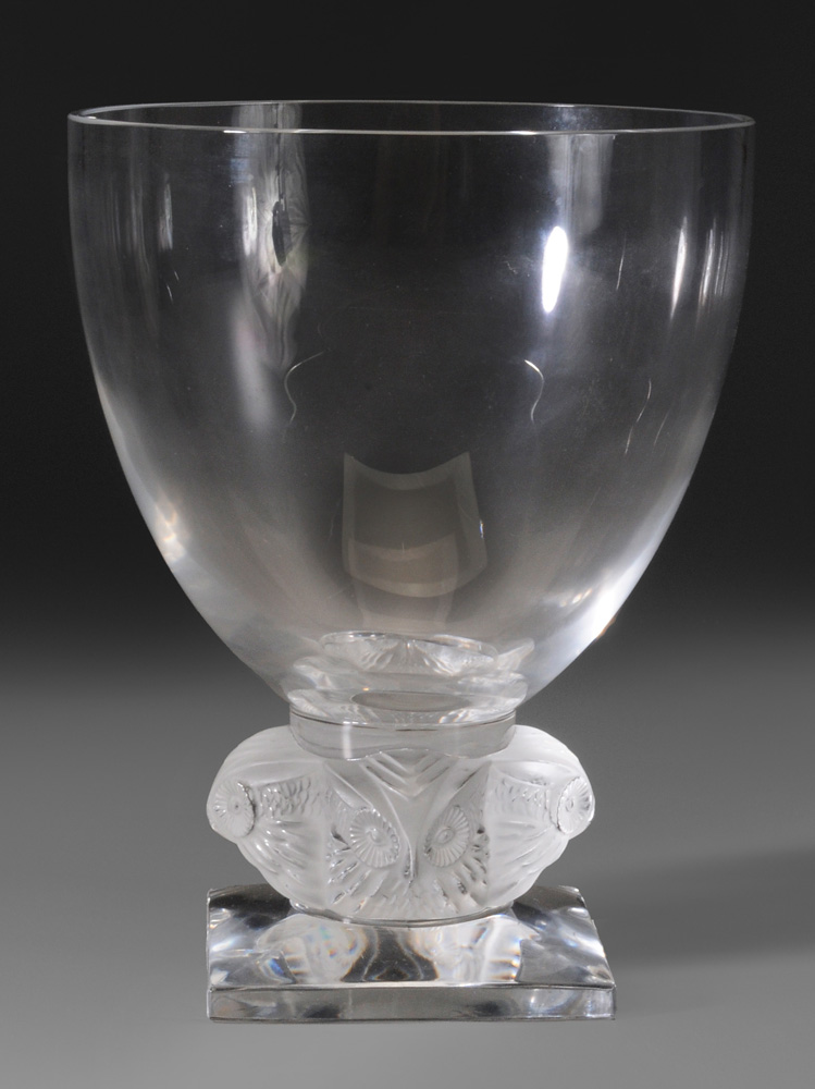 Appraisal: Lalique Frosted Glass Owl Vase French late th century base