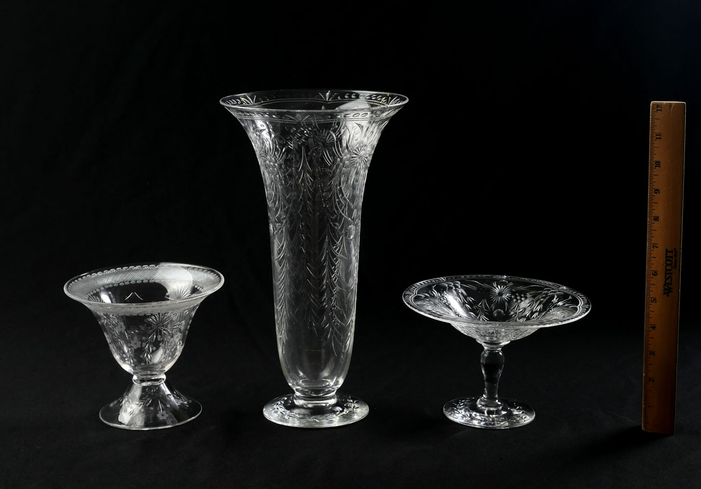 Appraisal: PC PAIRPOINT ENGRAVED GLASS VASE AND COMPOTES Comprising - Footed