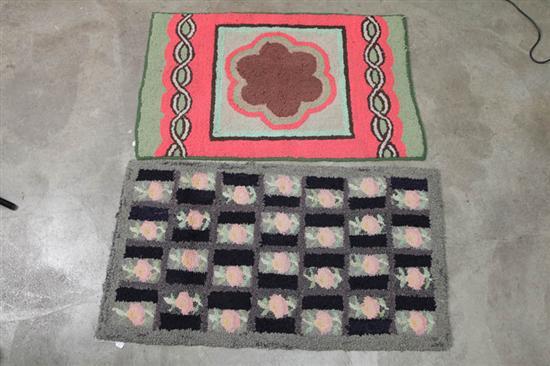 Appraisal: TWO HOOKED RUGS Pink with green and brown geometric design