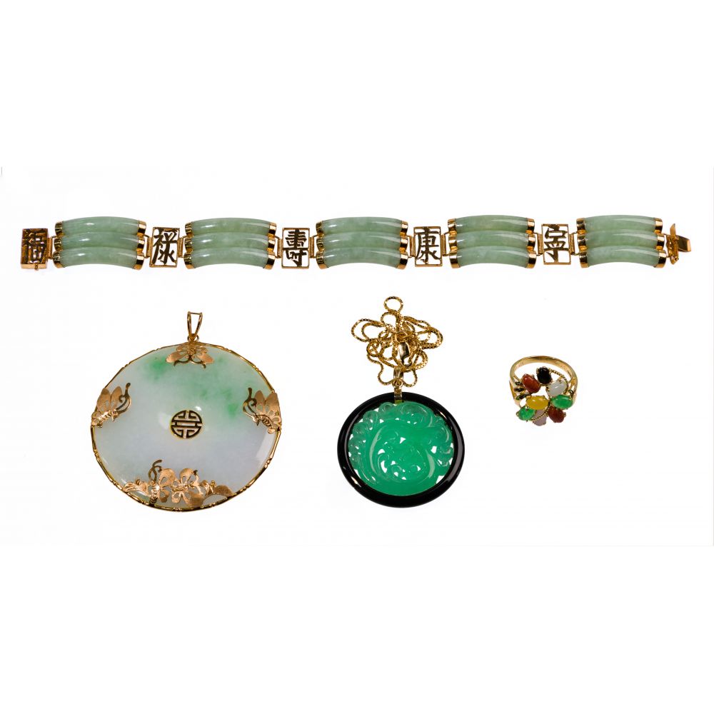 Appraisal: K YELLOW GOLD AND JADEITE JADE JEWELRY ASSORTMENT items including