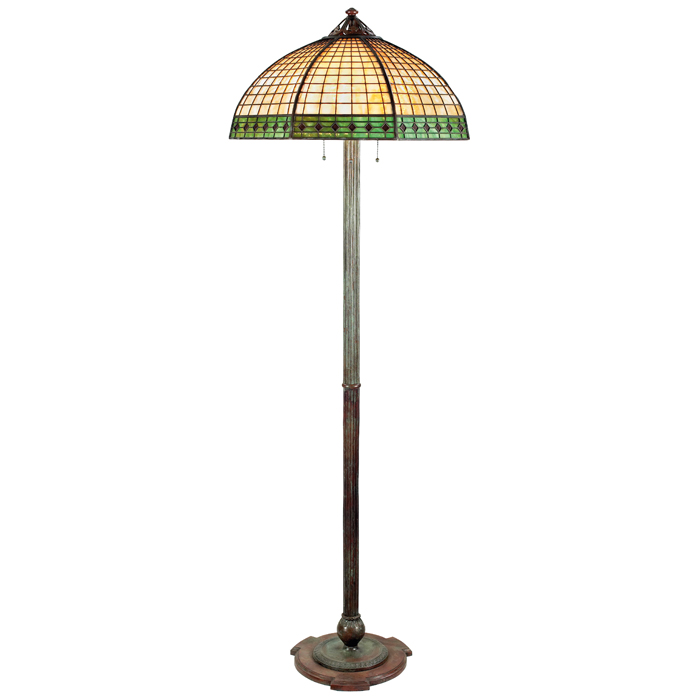 Appraisal: Handel floor lamp assembled slag glass shade with geometric metal