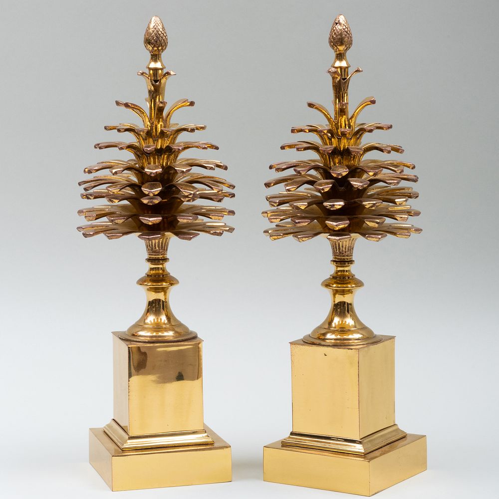 Appraisal: Pair of Mottahedeh Brass Pine Cone Form Table Ornaments Incised