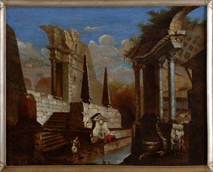 Appraisal: ITALIAN SCHOOL FIGURES AMONG RUINS Oil on canvas relined x