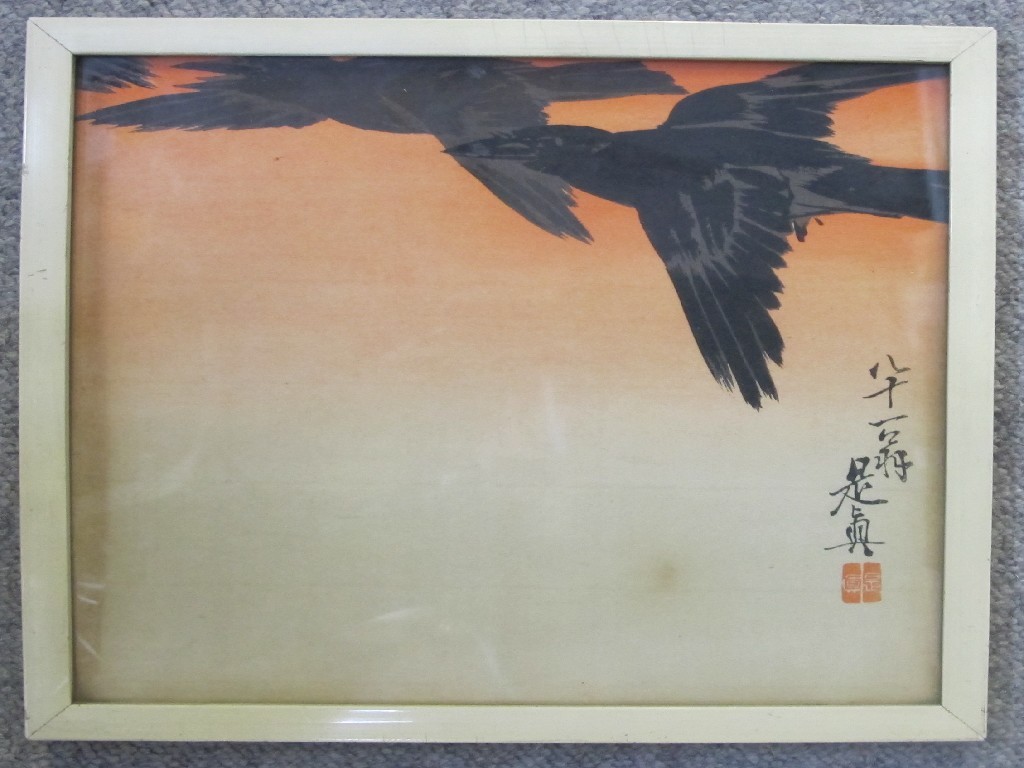 Appraisal: ZESHIN Woodblock print 'Crows in Flight' a book in which