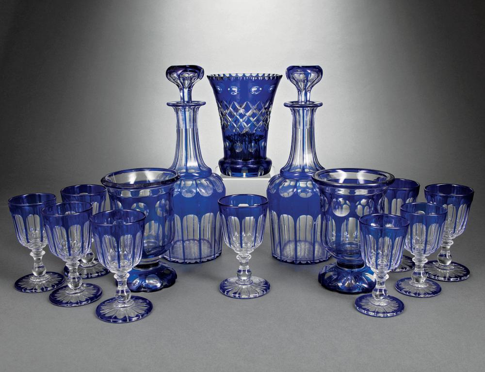 Appraisal: Group of French Cobalt Cut-to-Clear Crystal incl decanters h in