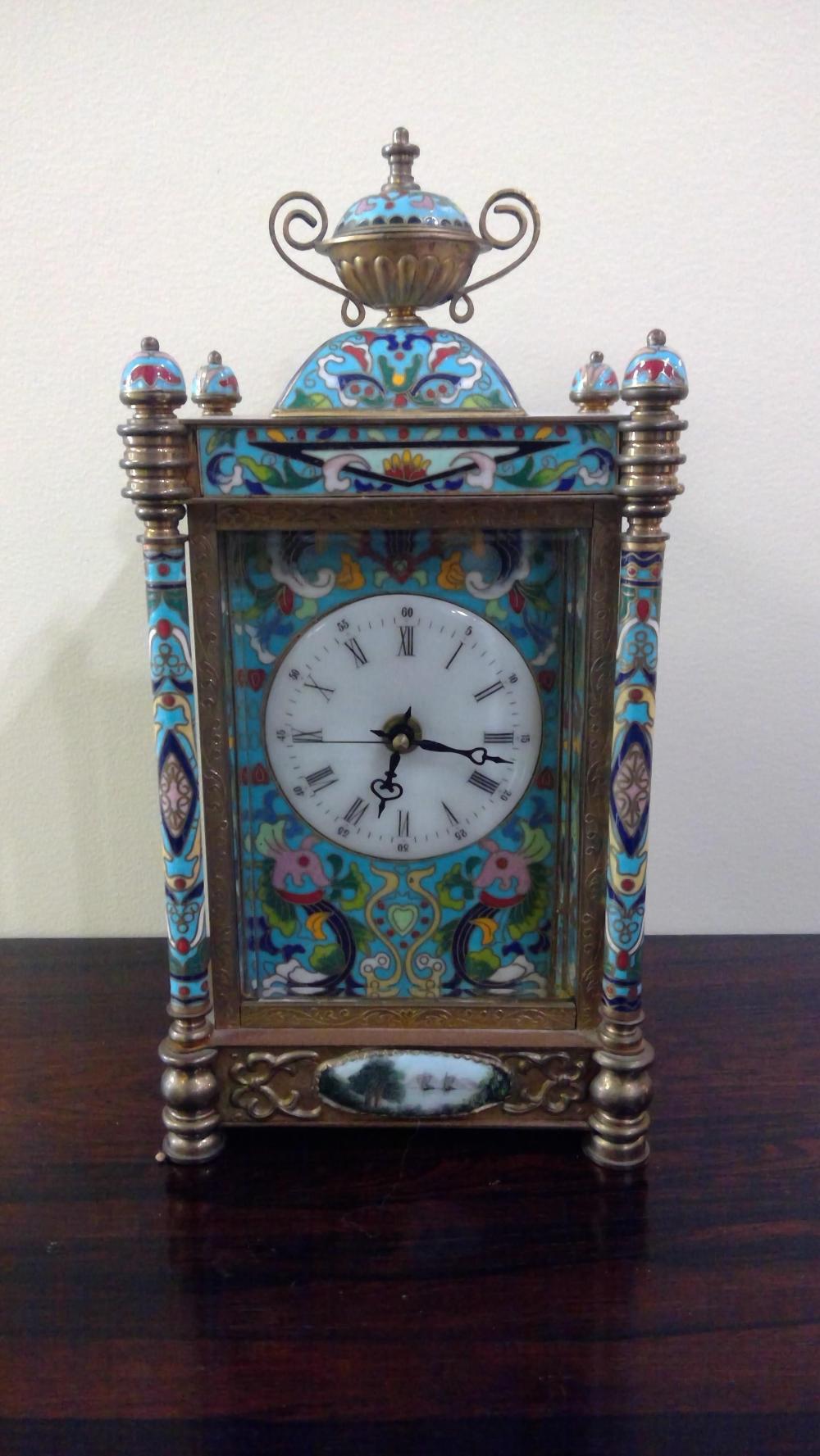 Appraisal: Chinese Continental Style Cloisonne Enamel Mantel Clock with Two Painted