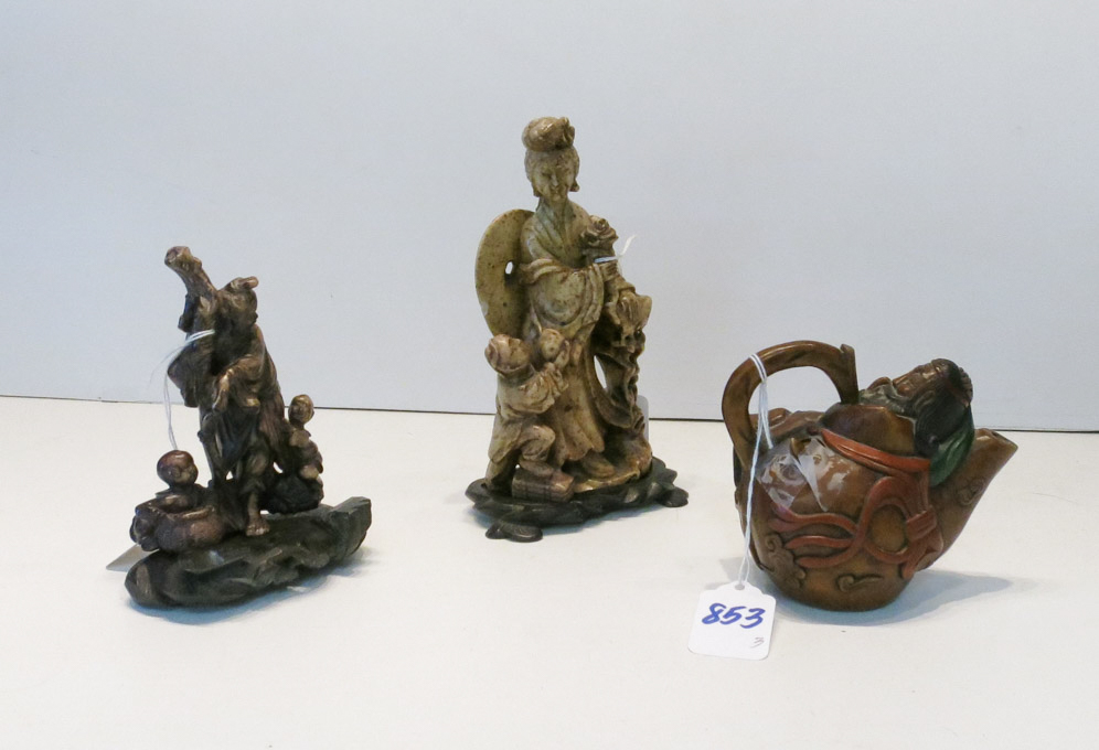 Appraisal: THREE CHINESE SOAPSTONE CARVINGS H miniature figural teapot H figural