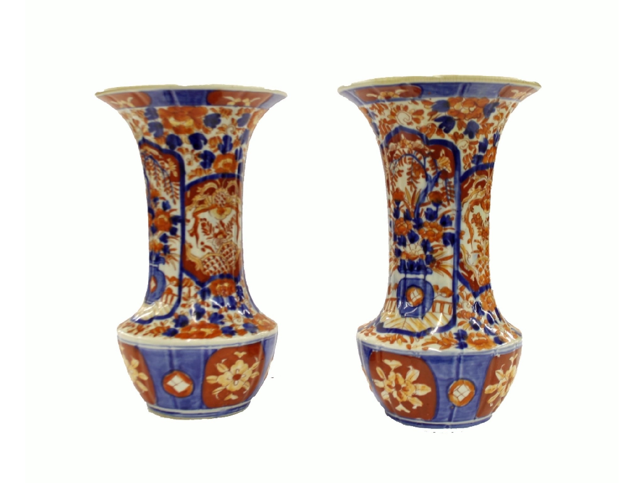 Appraisal: Pair of Japanese Imari baluster vases with fluted necks and