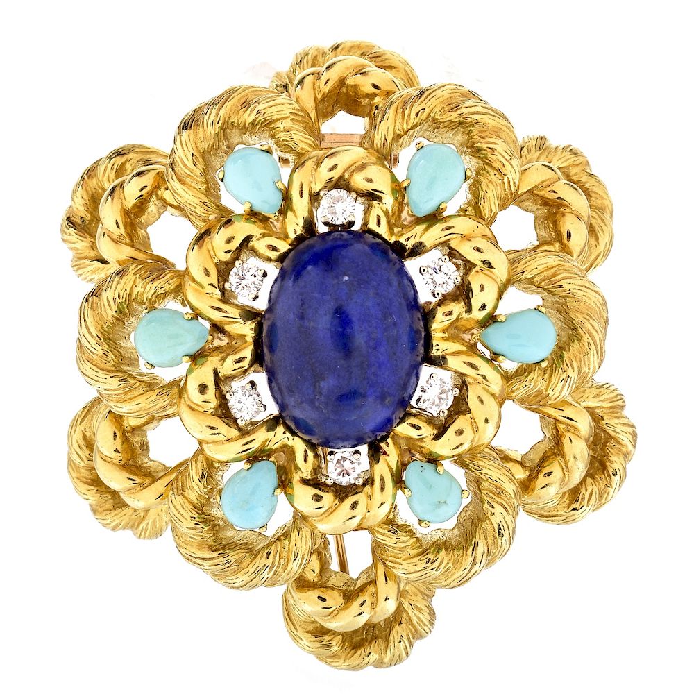 Appraisal: Vintage Diamond Lapis Turquoise and K Brooch Vintage s Approx