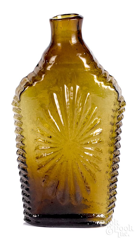 Appraisal: Connecticut olive amber glass sunburst flask Connecticut medium olive amber