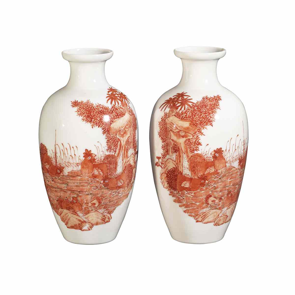 Appraisal: Pair of Iron Red Chicken Vases Qianlong Mark Republican Period