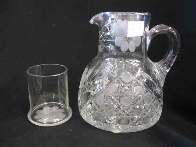 Appraisal: Cut Glass Bedside Pitcher withdrinking glass cover button cane design