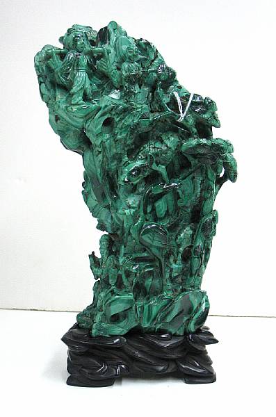 Appraisal: Three malachite carvings Including a reticulated malachite landscape boulder a