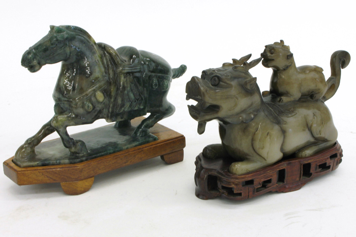 Appraisal: TWO JADE HAND CARVED SCULPTURES a Nephrite horned beast in