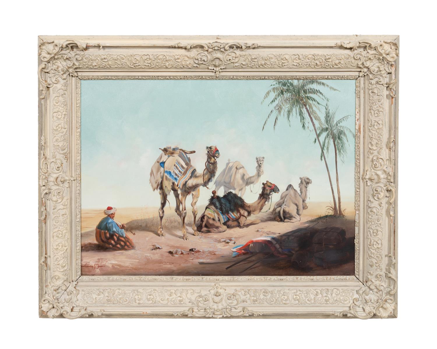 Appraisal: ORIENTALIST DESERT SCENE W CAMELS O C Continental School Orientalist