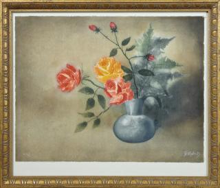 Appraisal: P Captain Still Life of Roses in a Blue Pitcher