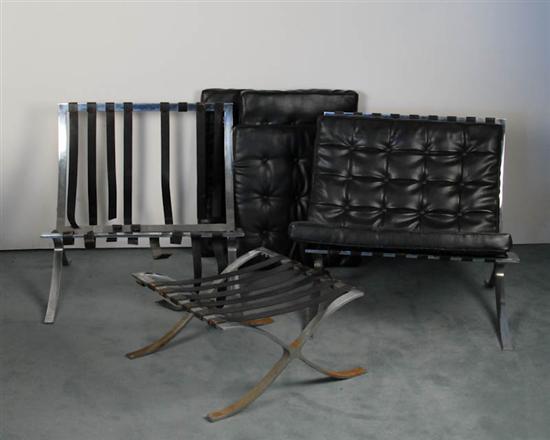 Appraisal: Two Barcelona Chairs with Ottoman black leather cushions with chrome