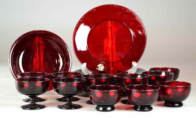 Appraisal: Pieces Of Ruby Glass DinnerwareTo include nine dinner plates eight