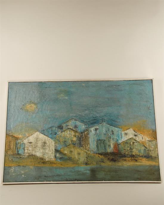 Appraisal: Helen Oil on Canvas Beach Scene with Houses Framed H