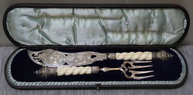 Appraisal: SILVER Sheffield English Silver and Carved FishSet Beautifully engraved and