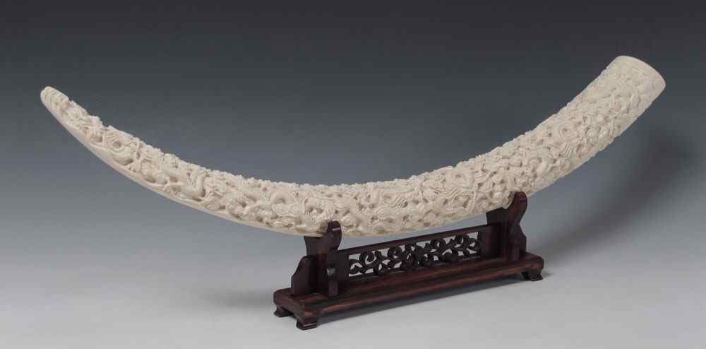 Appraisal: CARVED IVORY ELEPHANT TUSK Carved in an overall entwined dragons