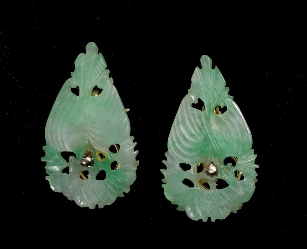 Appraisal: PAIR CARVED JADE PHOENIX BIRD PLAQUES AS EARRINGS Open work