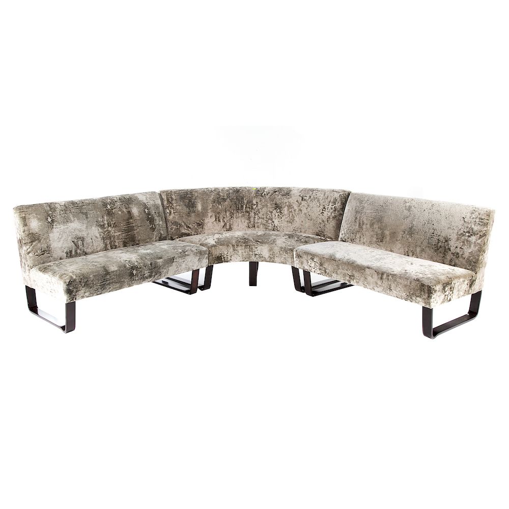 Appraisal: Contemporary upholstered three-piece section sofa th century velvet upholstered backs