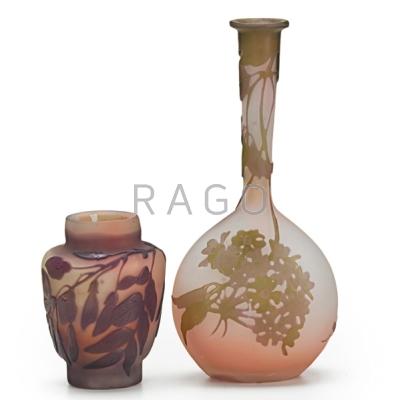 Appraisal: GALLE GLASS CAMEO VASES Two with floral and leaf decoration