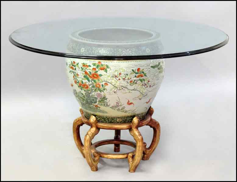 Appraisal: CHINESE PORCELAIN FISH BOWL ON STAND With a glass top