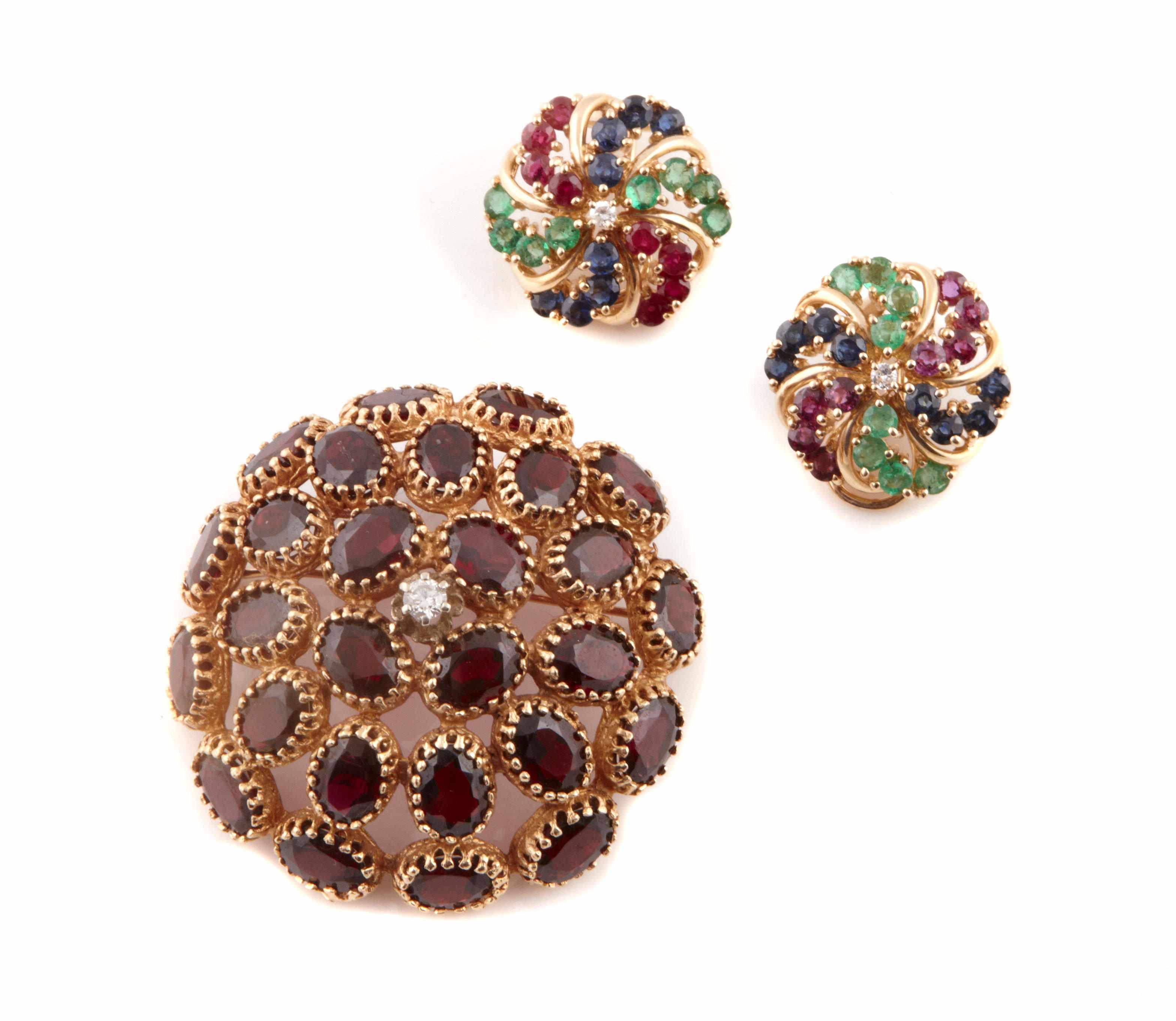 Appraisal: A pair of gem-set and k gold dome earclips together