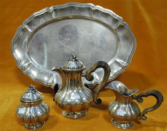 Appraisal: GERMAN SILVER PARTIAL TEA AND COFFEE SERVICE Melon ribbed bodies