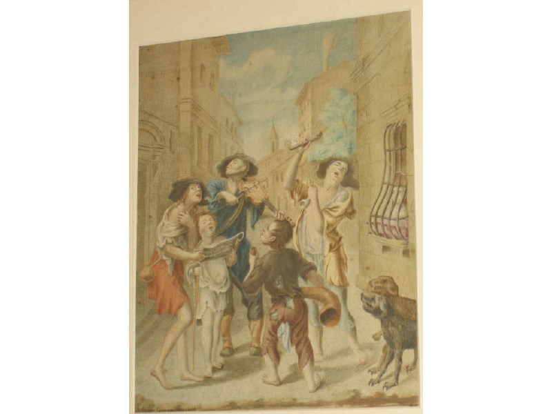 Appraisal: PHILIPPE SAUVAN FRENCH - Street musicians engraving with hand-coloring signed