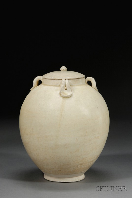 Appraisal: Stoneware Covered Jar with Four Lugs China T'ang dynasty -