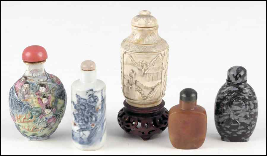 Appraisal: CARVED IVORY SNUFF BOTTLE Together with four snuff bottles Ivory