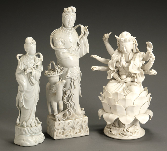 Appraisal: Three Chinese Blanc-de-Chine Glazed Figures of Divinities th Century Two