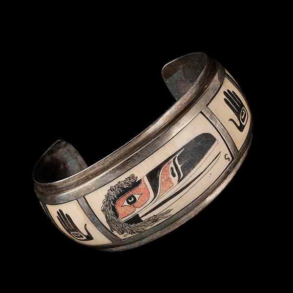 Appraisal: Northwest Coast Silver and Ivory Bracelet scrimshawed ivory and decorated