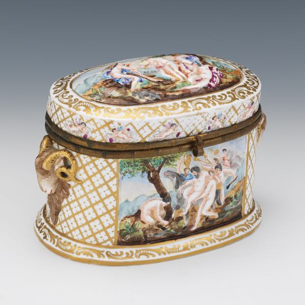 Appraisal: CAPODIMONTE STYLE PORCELAIN BACCHANAL VANITY BOX x x Porcelain vanity