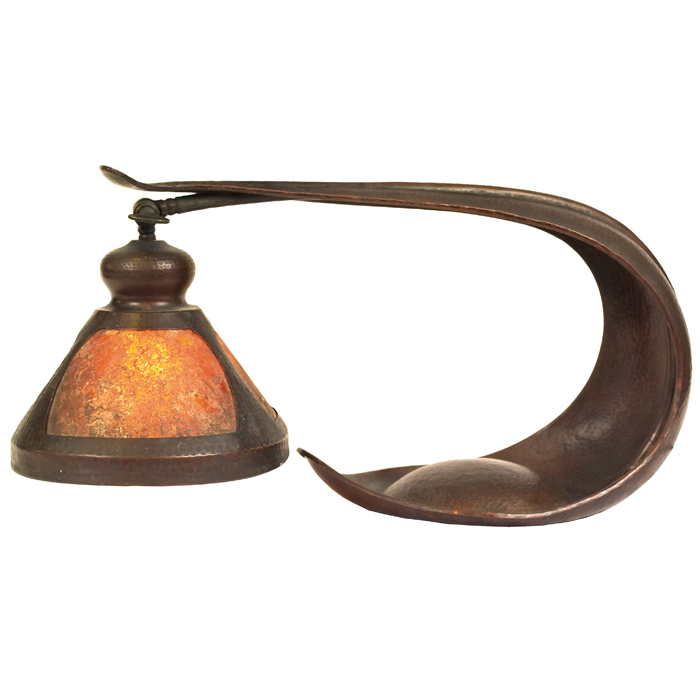 Appraisal: Benedict Studios cobra lamp copper base supports a mica shade