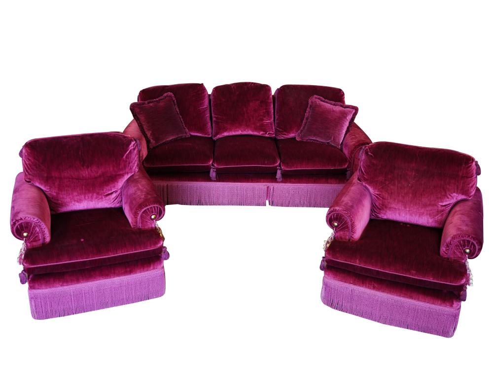 Appraisal: RED VELVET SOFA TWO CLUB CHAIRSeach with removable seat and