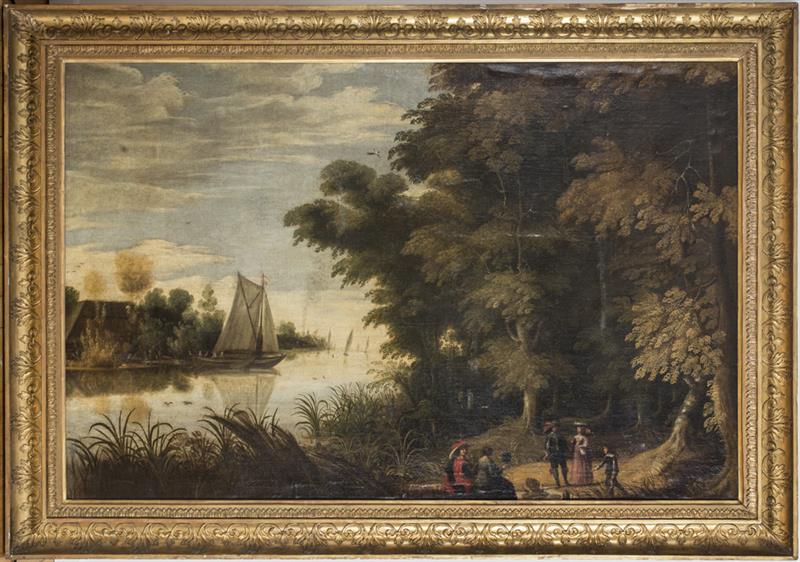 Appraisal: FLEMISH SCHOOL A WOODED RIVER LANDSCAPE WITH PICNICKERS Oil on