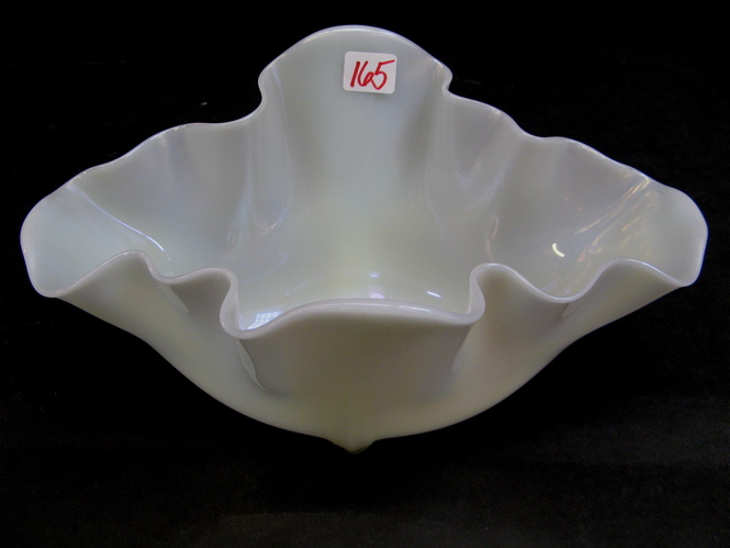 Appraisal: STEUBEN SIGNED IRIDESCENT WHITE BOWL Grotesque design pinched and ruffled