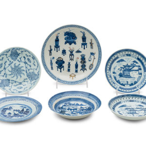 Appraisal: Six Chinese Blue and White Porcelain Plates TH CENTURY decorated